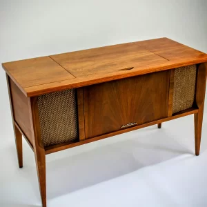Mid-century modern wooden cabinet with woven panels and 'lecurture' label.
