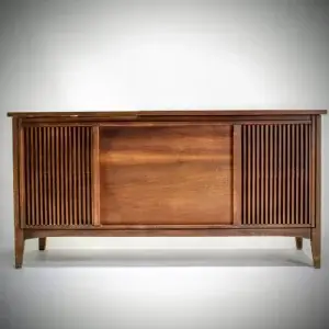 Wooden cabinet with slatted doors and a central panel, on a white background.