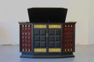 Full view of a custom-painted General Electric Multiplex stereo console with refinished wood top and integrated LED lighting.