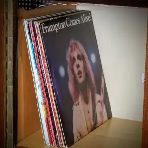 "Frampton Comes Alive!" vinyl record leaning against other records in a wooden cabinet.