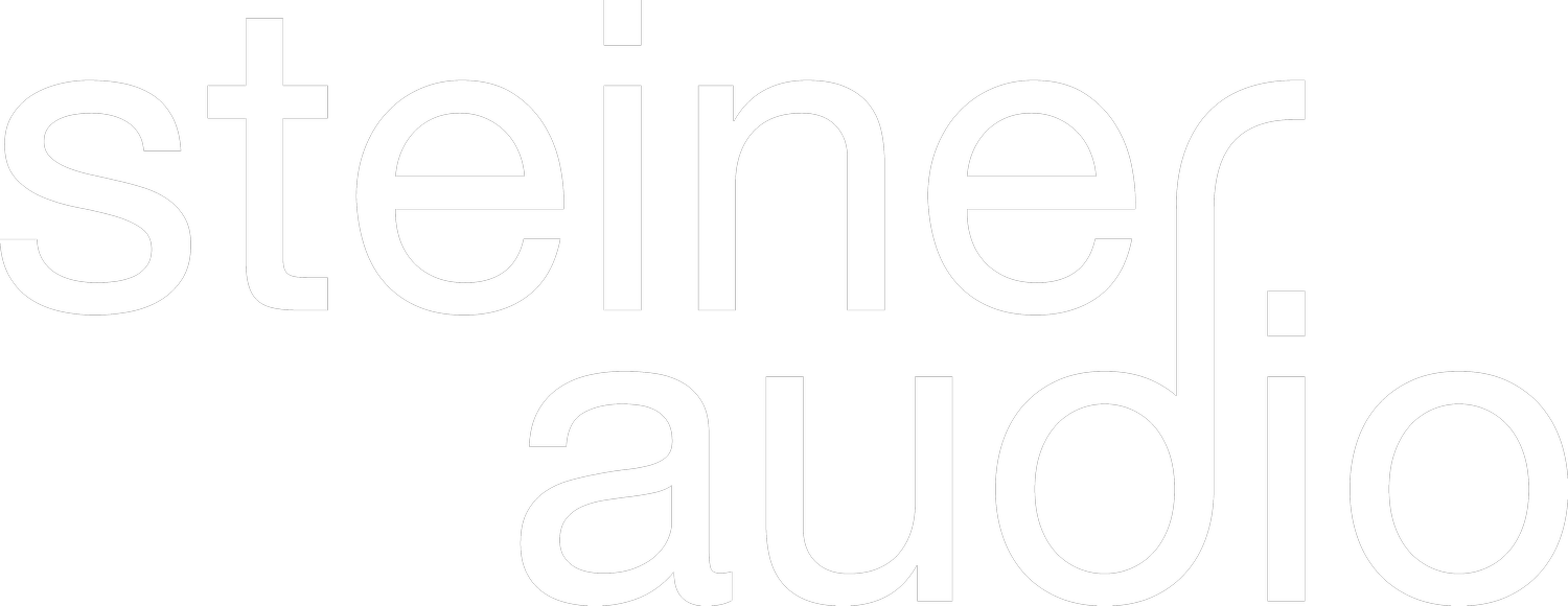 Steiner audio logo in white outline font on a white background.