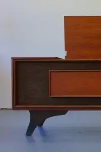 Front view of a restored Ziggy mid-century stereo console from a low angle with the lid open showing modernized internals.