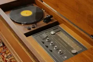 Top-down view of a modernized GE Kubrick showing the Audio-Technica turntable and original General Electric controls.