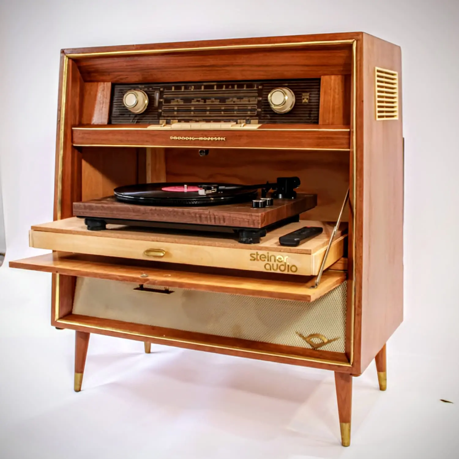 Restored Grundig Majestic HiFi console in Memphis featuring modernized European audio components and high-resolution wireless streaming.