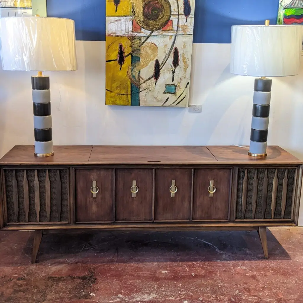 Fully restored Zenith modernized vintage audio console with a refinished walnut cabinet and polished brass hardware, featuring high-res streaming and HDMI ARC.
