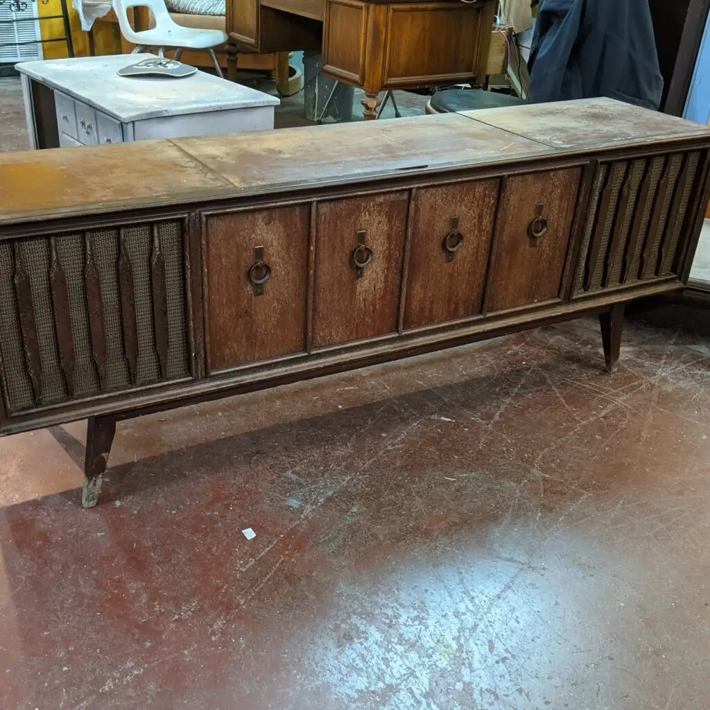 Original 1960s Zenith vintage stereo console before the restoration process in our Memphis workshop.