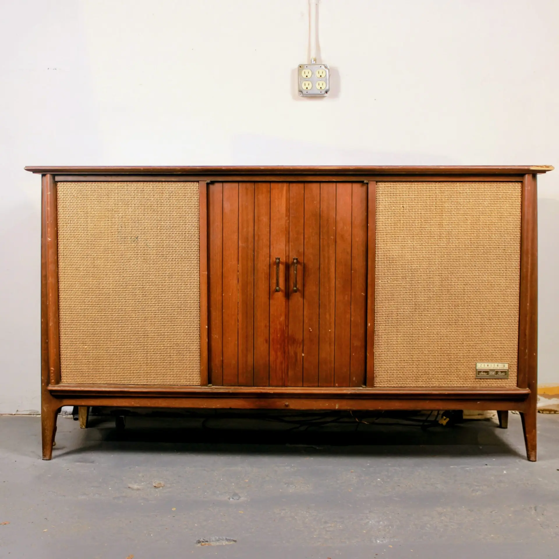 Classic Zenith stereo console front view awaiting restoration workshop process