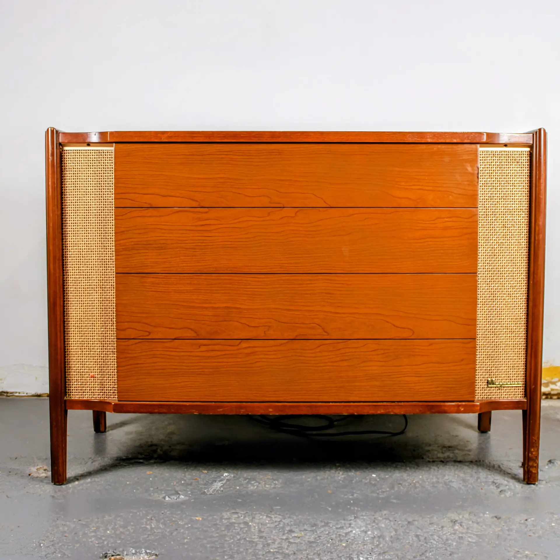 Restored Magnavox Rattan speaker grilles mid-century hi-fi audio credenza